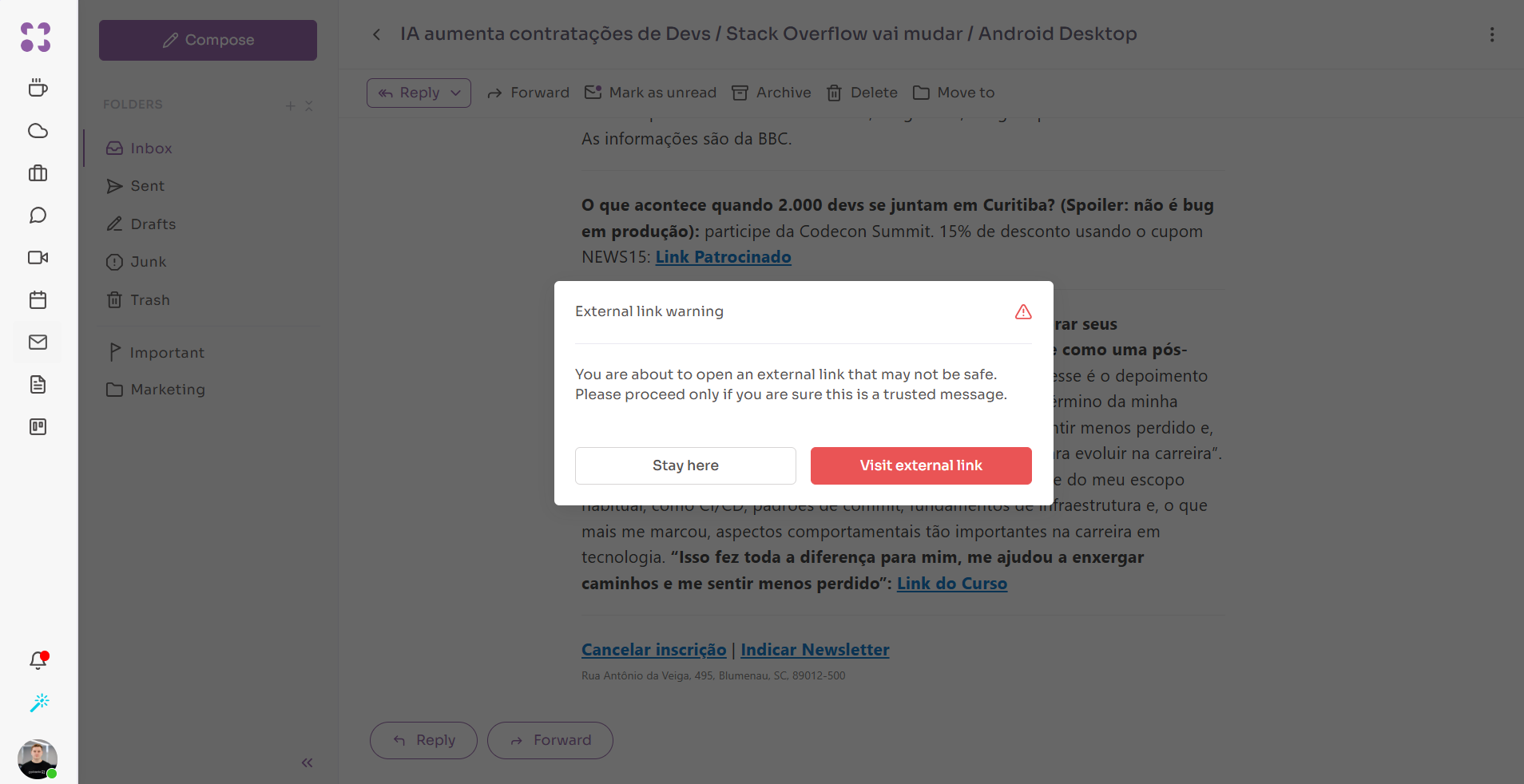 Aviso de segurança exibido ao clicar em links externos no Optiwork Mail