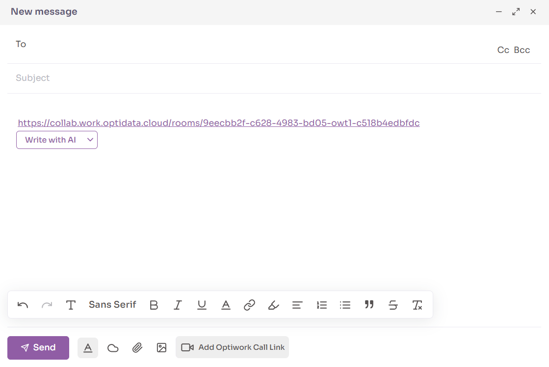 Botão de adicionar link do Call no Optiwork Mail