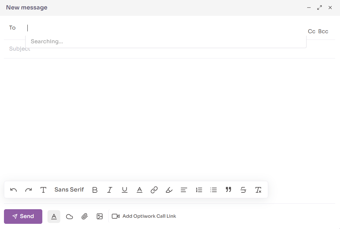 Cursor focado no campo de destinatário ao criar novo e-mail no Optiwork Mail