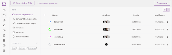 Interface do drive do Optiwork mostrando a organização de arquivos e pastas com controle de permissões