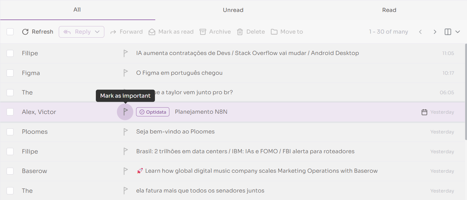 Opção de marcar e-mail como importante no Optiwork Mail