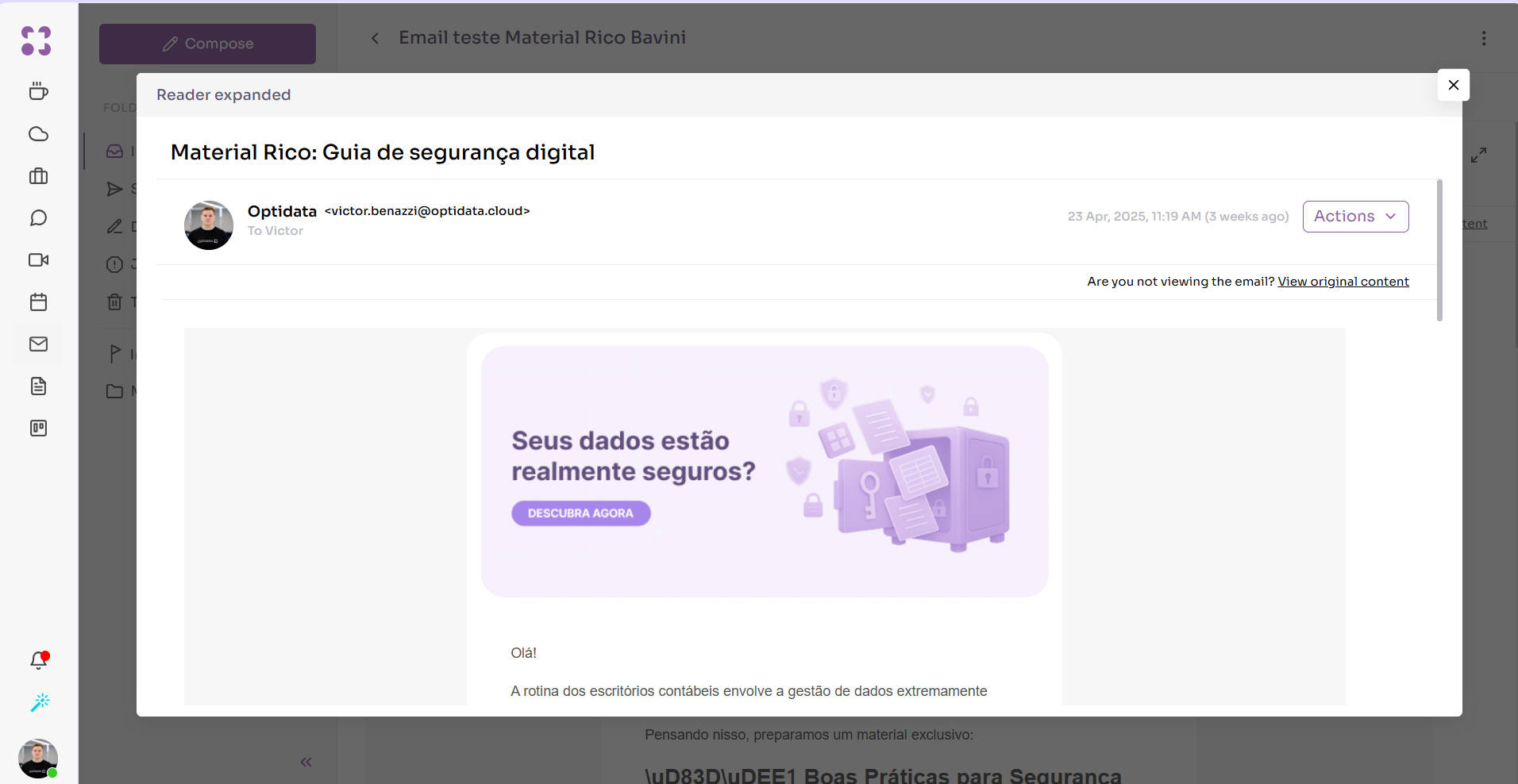 Preview da visualização expandida do e-mail no Optiwork Mail