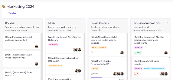 Interface do gerenciador de projetos do Optiwork mostrando um quadro kanban com tarefas organizadas em colunas