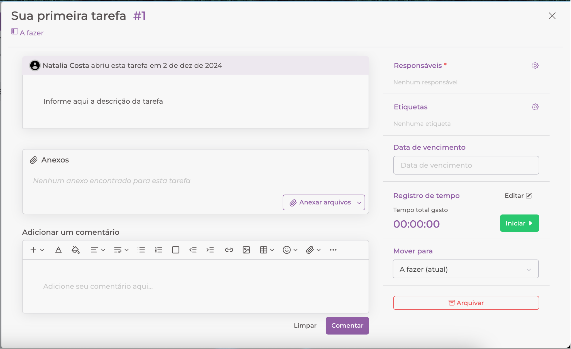 Interface do gerenciador de tarefas do Optiwork mostrando a criação e organização de tarefas com diferentes visualizações
